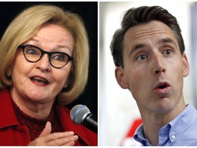 FILE - This combination of file photos shows Missouri U.S. Senate candidates in the November election, Democratic incumbent Sen. Claire McCaskill, left, and her Republican challenger Josh Hawley. McCaskill and Hawley are scheduled to debate Thursday, Oct. 18, 2018.