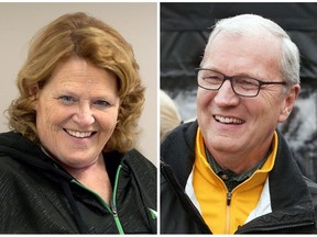 FILE - This combination of file photos shows North Dakota Senate candidates, Democratic Sen. Heidi Heitkamp, left, during a campaign stop in Grand Forks, and her Republican challenger Kevin Cramer at a campaign stop in Fargo. Heitkamp and Cramer match up in their first debate Thursday, Oct. 17, 2018 after months of bitter campaigning in a race seen as vital to Senate control.