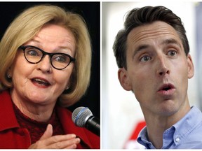 FILE - This combination of file photos shows Missouri U.S. Senate candidates in the November election, Democratic incumbent Sen. Claire McCaskill, left, and her Republican challenger Josh Hawley.