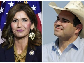 FILE - This combination of file photos shows South Dakota gubernatorial candidates, Republican U.S. Rep. Kristi Noem, left, and Democrat Bille Sutton. The first general election debate in the top-tier race for South Dakota governor comes as Republican Kristi Noem has sought to dispel Democratic challenger Billie Sutton's moderate image, while Sutton has portrayed Noem as a Washington politician working for special interests. (AP Photo/File)