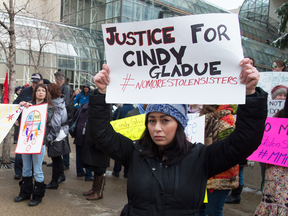 People protest in Edmonton on April 2, 2015 after Brad Barton was found not guilty in Cindy Gladue's death.
