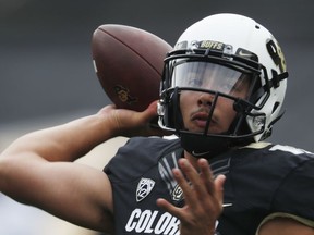 Colorado quarterback Steven Montez warms up before an NCAA college football game against Arizona State, Saturday, Oct. 6, 2018, in Boulder, Colo.