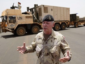 Chief of the Defence Staff General Jonathan Vance arrives with the first Canadian troops at a UN base in Gao, Mali, on Sunday, June 24, 2018. Canada's top general is overhauling military morale-boosting tours after an internal investigation uncovered the extent of the problems with a 2017 trip to Latvia that resulted in a sexual-assault charge against a former NHL player.