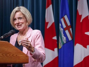 Alberta Premier Rachel Notley, squaring off with her arch pipeline foe, is comparing Trans Mountain pipeline protesters to dewey-eyed unicorn jockeys from Salt Spring Island. Notley discusses pipeline expansion with reporters in Calgary, Thursday, Sept. 6, 2018.