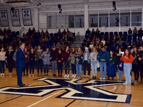 Student Kaitlin Dryden, with demonstrators in the background, confronts St. Francis Xavier president Kent MacDonald as he addresses students at the school's open house on Saturday, October 13, 2018. A group of students say an apology from St. Francis Xavier University's president for the school's handling of an alleged sexual assault case isn't enough. Yesterday, nearly 40 demonstrators confronted Kent MacDonald as he addressed potential students at the university's open house, and they have plans to launch a petition Monday demanding that St. F.X. make changes in the way they handle sexual assault cases.