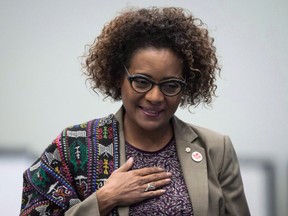 Secretary General of La Francophonie and former governor general of Canada Michaelle Jean walks to the podium to address a youth as peace builders working session at the 2017 United Nations Peacekeeping Defence Ministerial conference in Vancouver, B.C., on Tuesday November 14, 2017. Jean is showing no signs of withdrawing her candidacy for the top job at La Francophonie.THE CANADIAN PRESS/Darryl Dyck