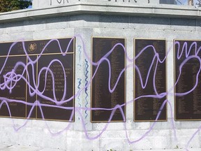 A vandalized naval memorial in Halifax is shown in this recent handout photo. Vandals defaced a Halifax naval memorial with anti-war slogans overnight Sunday, but veterans and others quickly went to work removing the graffiti. Halifax police say several historical sites within the city's oceanfront Point Pleasant Park were damaged.