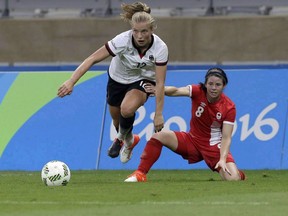Germany's Tabea Kemme controls the ball past Canada's Diana Matheson during a semifinal match of the women's Olympic football tournament between Germany and Canada at the Mineirao Stadium in Belo Horizonte, Brazil, Tuesday, Aug. 16, 2016. More than 15 years after making her senior debut for Canada, Matheson is still going strong. The 34 year-old Utah Royals midfielder is closing in in cap No. 200 and looking to help Canada qualify for the 2019 World Cup via the CONCACAF Women's Championship, which opens Thursday in North Carolina and Texas.