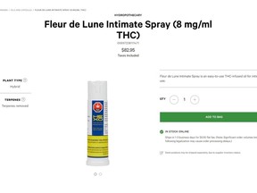 Fleur de Lune Intimate Spray is shown in this photo posted on the Ontario Cannabis Store website. A perusal of the Ontario Cannabis Store's online portal on the first day of legalization turned up an array of expected products -- various strains of dried weed, oils and tinctures, and accessories needed to use them. But also on offer is a cannabis-infused "intimate" spray, marketed under the enticingly named Fleur de Lune, which contains eight milligrams of the psychoactive ingredient THC, as well as the cannabinoid CBD. The only problem is that the Ontario Cannabis Store had initially mislabelled how to apply the product, saying it was for "sublingual" use, which means under the tongue -- in other words, orally.