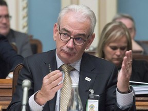 The head of Quebec's anti-corruption unit is stepping down next month. UPAC commissioner Robert Lafreniere appears at a legislature committee on public security at the National Assembly in Quebec City, Tuesday, April 24, 2018. The unit, which is known by its French-language acronym UPAC, said today Lafreniere's resignation will take effect Nov. 2.