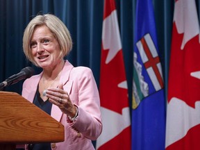 Alberta Premier Rachel Notley discusses pipeline expansion with reporters in Calgary, Alta., Thursday, Sept. 6, 2018. Alberta Premier Rachel Notley is proposing Ottawa invest in crude-by-rail in order to get Alberta's oil producers a better price.