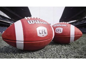 New CFL balls are photographed at the Winnipeg Blue Bombers stadium in Winnipeg, Thursday, May 24, 2018. Halifax regional council will consider today a new report on a proposed 24,000-seat stadium, the pivotal component of a bid to land a Canadian Football League team for the East Coast's largest city.THE CANADIAN PRESS/John Woods