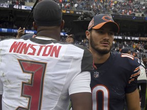 Chicago Bears quarterback Mitchell Trubisky (10) and Tampa Bay Buccaneers quarterback Jameis Winston (3) greet each other after an NFL football game Sunday, Sept. 30, 2018, in Chicago. The Bears won 48-10.