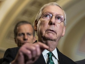 Senate Majority Leader Mitch McConnell of Ky., speaks after the Republican policy luncheon on Capitol Hill, Wednesday, Oct. 10, 2018, in Washington.