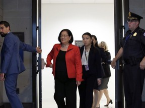 Sen. Mazie Hirono, D-Hawaii, departs after viewing the FBI report on sexual misconduct allegations against Supreme Court nominee Brett Kavanaugh, on Capitol Hill, Thursday, Oct. 4, 2018 in Washington.