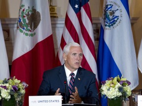 Vice President Mike Pence speaks during the second Conference for Prosperity and Security in Central America meeting at State Department on Thursday, Oct. 11, 2018, in Washington.