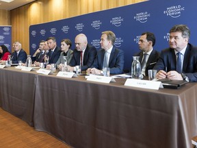 From left to right, Lilyana Pavlova, Minister for the Bulgarian Presidency of the Council of the European Union 2018, Mevlut Cavusoglu, Minister of Foreign Affairs of Turkey, Hashim Thaci, President of the Republic of Kosovo, Borut Pahor, President of Slovenia, Klaus Schwab, Founder and Executive Chairman of World Economic Forum, Andrej Plenkovic, Prime Minister of Croatia, Ana Brnabic, Prime Minister of Serbia, Edi Rama, Prime Minister of Albania, Borge Brende, executive chairman of the World Economic Forum, Zoran Pazin, Deputy Prime Minister of Montenegro, Miroslav Lajcak, Minister of Foreign and European Affairs of the Slovak Republic and the President of the 72nd Session of the UN General Assembly during the press conference after Strategic Dialogue on the Western Balkans, Tuesday, October 2, 2018 at the World Economic Forum headquarters in Cologny near Geneva, Switzerland.