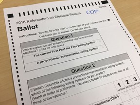 A sample ballot for the British Columbia electoral-reform referendum, the results of which will be decided by mail ballot by Nov. 30, 2018.