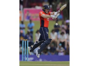 England's Eoin Morgan plays a shot during their second one-day international cricket match with Sri Lanka in Dambulla, Sri Lanka, Saturday, Oct. 13, 2018.