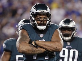 Philadelphia Eagles defensive end Michael Bennett celebrates after a strip sack on New York Giants quarterback Eli Manning during the first half of an NFL football game Thursday, Oct. 11, 2018, in East Rutherford, N.J. The Giants recovered the fumble on the play.