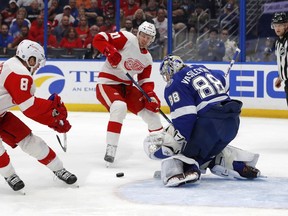 Tampa Bay Lightning's Andrei Vasilevskiy, of Russia, makes a save on a short-handed breakaway by Detroit Red Wings' Justin Abdelkader (8) and Christoffer Ehn, of Czech Republic, during the first period of an NHL hockey game Thursday, Oct. 18, 2018, in Tampa, Fla.