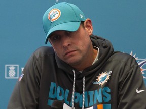 Miami Dolphins NFL football head coach Adam Gase talks to the media about his team's loss to the New England Patriots, in Davie, Fla., Monday, Oct. 1, 2018.