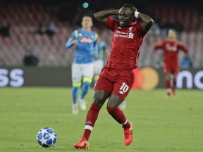 Liverpool midfielder Sadio Mane reacts during the Champions League, group C soccer match between Napoli and Liverpool, at the San Paolo Stadium in Naples, Italy, Wednesday, Oct. 3, 2018.