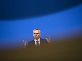NATO Secretary General Jens Stoltenberg talks to journalists during a news conference at the NATO headquarters in Brussels, Wednesday, Oct. 24, 2018. Stoltenberg briefed reporters on alleged Russian breaches of the INF international missile agreement, and on the alliance's military exercises in Norway, its biggest since the Cold War.