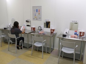 File - In this Aug. 29, 2018 file photo, are booth injection stations at Safer Inside, a realistic model of a safe injection site in San Francisco. California Gov. Jerry Brown vetoed legislation late Sunday, Sept. 30, 2018, that would have given San Francisco permission to test-open supervised drug injection sites. San Francisco's mayor, London Breed, has promised to open such a site. Breed, who was elected in June, lost a sibling to drug overdose and acknowledges that she has grappled with the idea.
