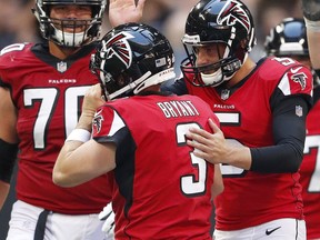 Atlanta Falcons kicker Matt Bryant (3) celebrates his 57-yard field goal against the Tampa Bay Buccaneers during the second half of an NFL football game, Sunday, Oct. 14, 2018, in Atlanta. The Atlanta Falcons won 34-29.