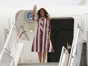 First lady Melania Trump arrives at Kotoka International Airport in Accra, Ghana, Tuesday, Oct. 2, 2018. Trump is visiting Africa on her first big solo international trip, aiming to make child well-being the focus of a five-day, four-country tour.