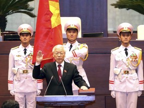 Vietnam's Communist Party General Secretary Nguyen Phu Trong is sworn in as the country's president in Hanoi, Vietnam, Tuesday, Oct. 23, 2018. The 74-year-old Trong was elected president by the National Assembly succeeding thelate President Tran Dai Quang who died last month after battling a viral illness for more than a year.