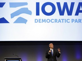U.S. Sen. Cory Booker, D-N.J., speaks during the Iowa Democratic Party's annual Fall Gala, Saturday, Oct. 6, 2018, in Des Moines, Iowa.