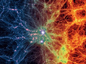 An image provided by the Illustris Collaboration in May 2014 shows dark matter density, left, transitioning to gas density, right, in a simulation of the evolution of the universe since the Big Bang.