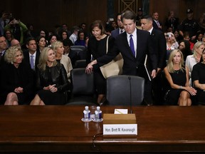 Joel Kaplan (seated second row, second from left) apologized in an internal staff email to Facebook employees yesterday after many criticized his choice to sit behind Brett Kavanaugh.