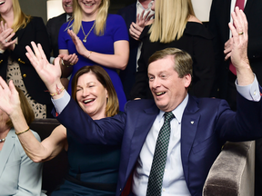 Toronto Mayor John Tory and wife Barbara Hackett celebrate his re-election in the Ontario municipal election in Toronto, on Oct. 22, 2018.