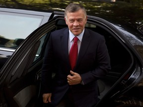 In this Feb. 28, 2018 file photo, Jordan's King Abdullah II arrives to attend India Jordan business meeting in New Delhi, India.