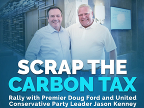 United Conservative Party Leader Jason Kenney and Ontario Premier Doug Ford in a photo to promote an anti-carbon tax event.