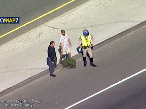 This photo taken from video provided by KABC-TV shows a man, center, believed to be the pilot of a vintage North American AT-6 airplane that crashed on U.S. 101 in Agoura Hills, Calif., Tuesday, Oct. 23, 2018. The pilot escaped uninjured and no one on the ground was hurt. The crash snarled traffic about 30 miles (50 kilometers) west of downtown Los Angeles. (KABC-TV via AP)