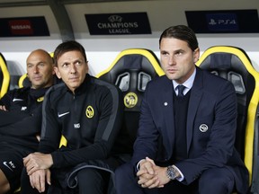 YB assistant coach Matteo Vanetta and Harald Gaemperle, and YB head coach Gerardo Seoane, from left, during the Champions League group stage group H soccer match between Switzerland's BSC Young Boys Bern and Spain's Valencia CF, at the Stade de Suisse Stadium in Bern, Switzerland, Tuesday, Oct. 23, 2018.