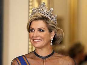 Queen Maxima of the Netherlands wears the Stuart Tiara as she attends a State Banquet at Buckingham Palace in London, Tuesday Oct. 23, 2018.