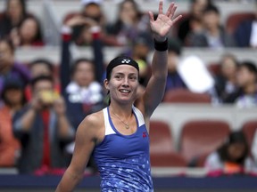 FILE - In this Saturday, Oct. 6, 2018 file photo, Anastasija Sevastova of Latvia reacts after beating Naomi Osaka of Japan in their women's singles semifinal match in the China Open at the National Tennis Center in Beijing. Anastasija Sevastova has reached the semifinals of the Kremlin Cup by beating Russian veteran Vera Zvonareva 4-6, 7-5, 6-3 on Thursday, Oct. 18. Sevastova next faces Tunisian qualifier Ons Jabeur who upset eighth-seeded Anett Kontaveit 7-5, 6-1.