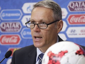 FILE - In this Thursday, June 15, 2017 file photo, FIFA Chief technical development officer Marco van Basten speaks during a news conference before the upcoming Confederations Cup in St. Petersburg, Russia. Soccer great Marco Van Basten is leaving FIFA after two years as its technical director, it was announced on Friday, Oct. 12, 2018. FIFA says the former Netherlands, Ajax and AC Milan forward is leaving amicably to be closer to his family in Amsterdam.