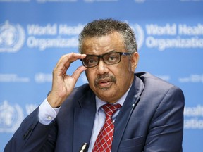 Tedros Adhanom Ghebreyesus, Director General of the World Health Organization (WHO), speaks to the media after the International Health Regulations Emergency Committee on Ebola in Congo, in Geneva, Switzerland, Wednesday, Oct. 17, 2018. The World Health Organization says it is "deeply concerned" by the ongoing Ebola outbreak in Congo but the situation does not yet warrant being declared a global emergency.