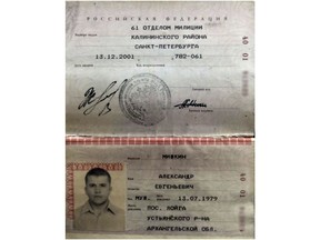 This undated handout image issued by Bellingcat shows the passport Dr Alexander Yevgenyevich Mishkin, the man the investigative website have alleged was who travelled to Salisbury under the alias Alexander Petrov. The investigative group Bellingcat is reporting that one of the two suspects in the poisoning of an ex-spy in England is a doctor who works for Russian military intelligence. Bellingcat said on its website Monday, Oct. 8, 2018 that the man British authorities identified as Alexander Petrov is actually Alexander Mishkin, a trained doctor working for the Russian military intelligence unit known as GRU. (Bellingcat via AP)