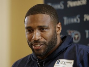 Tennessee Titans' linebacker Wesley Woodyard gives a press conference after an NFL training session at Syon House, in Syon Park, south west London, Friday, Oct. 19, 2018. The Tennessee Titans are preparing for an NFL regular season game against the Los Angeles Chargers in London on Sunday.