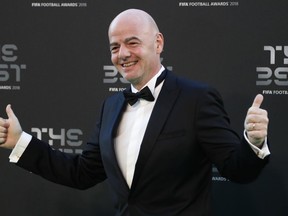 FILE - In this file photo dated Monday, Sept. 24, 2018, FIFA President Gianni Infantino arrives for the ceremony of the Best FIFA Football Awards at the Royal Festival Hall in London. Infantino hoped to secure an agreement on Friday Oct. 26, 2018, from his council on the concept of revamping the Club World Cup and establishing a worldwide Nations League.