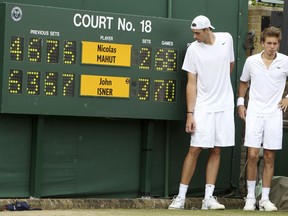 FILE - This June 24, 2010, file photo shows John Isner of the U.S. and France's Nicolas Mahut, right, posing for a photo next to the scoreboard following their record-breaking men's singles match at the All England Lawn Tennis Championships at Wimbledon. The All England Club said Friday Oct. 19, 2018, it will introduce fifth-set tiebreakers at Wimbledon next year when a match reaches 12-12.