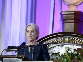 FILE - In this Tuesday, May 24, 2016 file photo, US biochemical engineer Frances Arnold, speaks after winning the Millennium Technology Prize 2016 during the awards ceremony in Helsinki, Finland. Frances Arnold, US, George P Smith US and Gregory P Winter of Britain have been awarded the 2018 Nobel Prize in Chemistry.