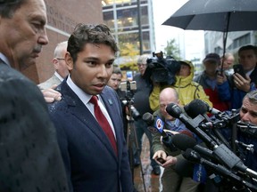 FILE - In this Oct. 11, 2018, file photo, Fall River Mayor Jasiel Correia speaks to the media after leaving federal court, in Boston. The embattled mayor of Fall River plans to deliver a statement Tuesday, Oct. 16, as his problems mount with word that he's been evicted from his apartment.